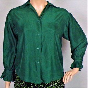 SILK! CROQUET plus-size S green long-sleeve shirt/blouse 100% silk hand wash